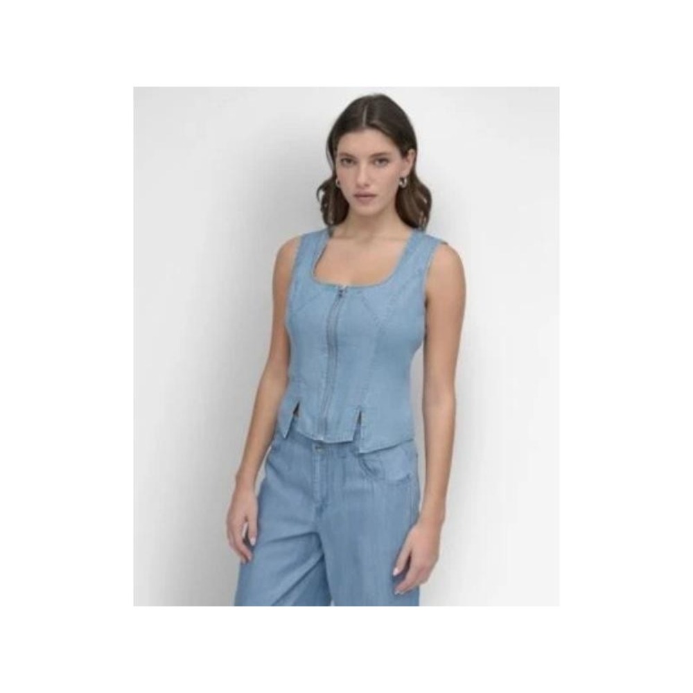 DKNY Women's Denim Zip-Front Corset Top Light Chambray (XS)